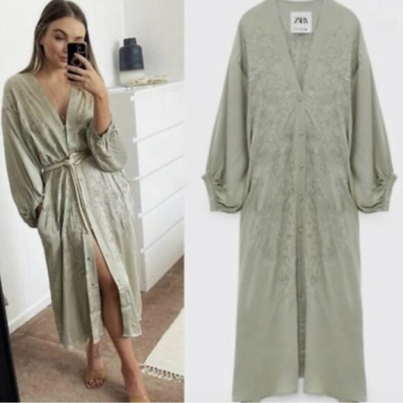 ZARA Green Embroidered Kimono Dress Button Down Front Midi Size M / L - Picture 1 of 6